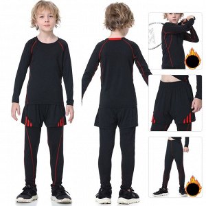 Комплект спортивный детский для мальчика (лонгслив, шорты и леггинсы) утепленный, цвет черный/красный