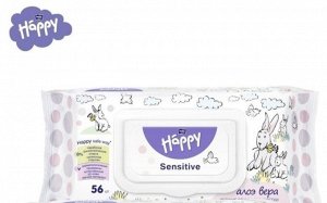 Салфетки влажные детские с Алоэ вера в упаковке 56 шт Happy Sensitive