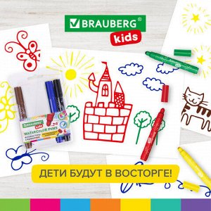 Фломастеры смываемые детские, противоударный наконечник, 6 цветов, BRAUBERG KIDS, ПВХ-упаковка с европодвесом, 152178