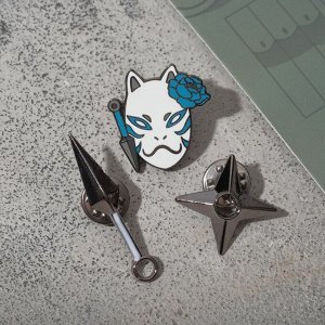 Набор значков (3 шт.) "Ниндзя" оружие и маска, цвет бело-голубой в серебре