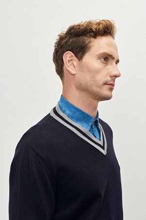 Стандартный крой Нормальный крой с v-образным вырезом Темно-сине-серый трикотажный свитер