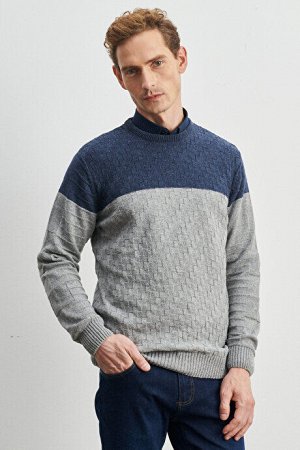Стандартный крой, классический крой, круглый вырез, узорчатый шерстяной свитер-авиатор, сине-серый трикотажный свитер