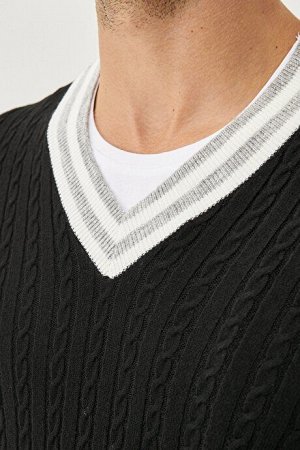 Стандартный крой Нормальная стрижка Волосы с V-образным вырезом Плетеный узор Черно-серый трикотажный свитер