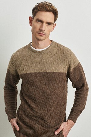 altinyildizclassics Бежево-коричневый свитер стандартного кроя с круглым вырезом из шерсти с рисунком