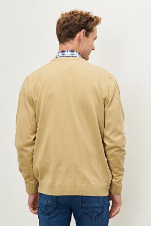Бежевый трикотажный свитер стандартного кроя с круглым вырезом и круглым вырезом из жаккарда