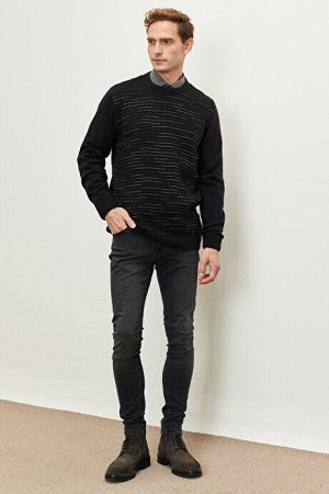 Стандартный крой Нормальный крой с круглым вырезом Черно-серый меланжевый трикотажный свитер