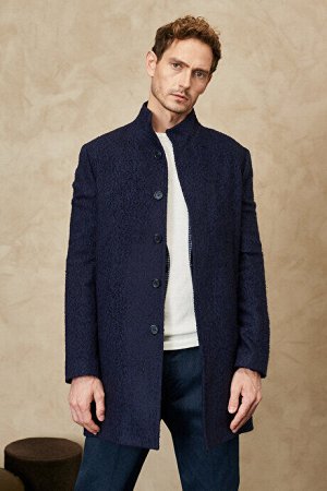 Стандартный крой Стандартный крой Шерстяное пальто с воротником-стойкой и узором в елочку Черно-темно-синее пальто