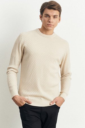Бежевый шерстяной жаккардовый жаккардовый свитер стандартного кроя с круглым вырезом