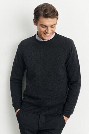 Шерстяной жаккардовый жаккардовый вязаный свитер стандартного кроя с круглым вырезом антрацитового цвета