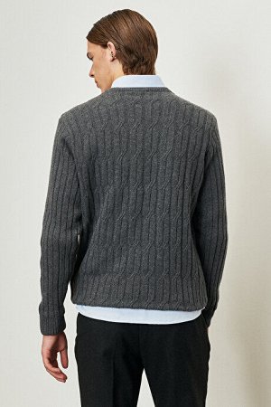 Стандартный крой Стандартный крой Круглый вырез Жаккардовый шерстяной Темно-серый трикотажный свитер