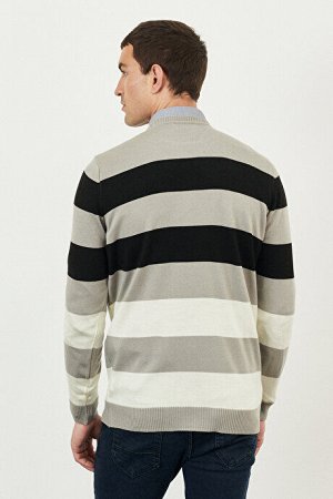 Ткань с защитой от пиллинга Свитер в полоску стандартного кроя с круглым вырезом Серый меланжево-черный трикотажный свитер