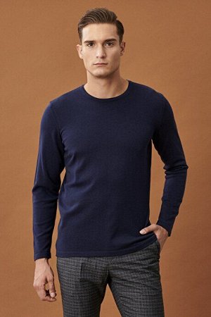 Стандартный крой, классический крой, круглый вырез, узорчатый хлопковый базовый темно-синий трикотажный свитер