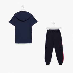 Комплект для мальчика (футболка, брюки), цвет тёмно-синий/красный МИКС, рост