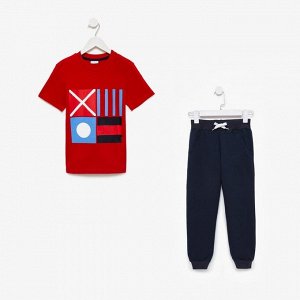 Комплект для мальчика (футболка, брюки), цвет красный/тёмно-синий МИКС, рост 104-110 см