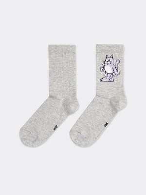 Высокие детские носки в расцветке светло-серый меланж с котом (1 упаковка по 5 пар)