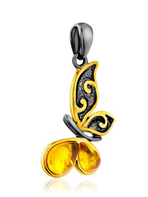 Изящная подвеска в форме бабочки с золотистым янтарём «Апрель»
