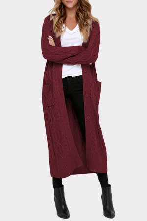 Бордовый вязаный кардиган-пальто с узором из ромбов и застежкой на пуговицы