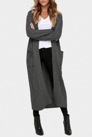 Темно-серый вязаный кардиган-пальто с узором из ромбов и застежкой на пуговицы