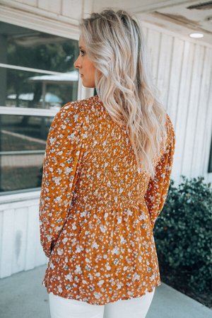 Оранжевая блуза с цветочным принтом из эластичной ткани с баской
