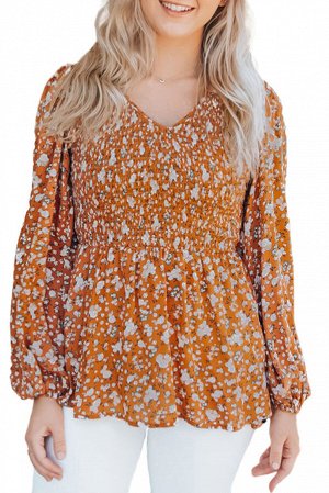 Оранжевая блуза с цветочным принтом из эластичной ткани с баской