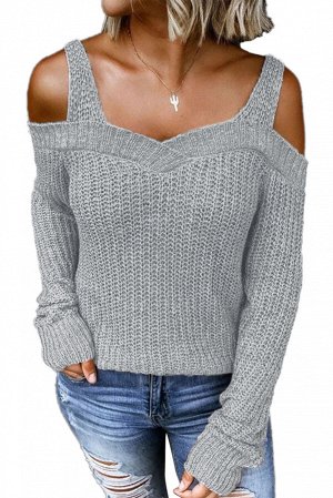 Светло-серый вязаный свитер с открытыми плечами