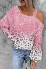 Pink Leopard Patchwork One Shoulder Long Sleeve Top