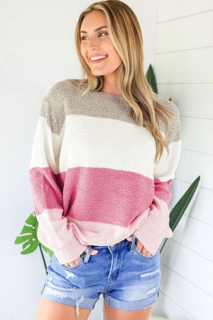 Розовый фактурный свитер в стиле колорблок