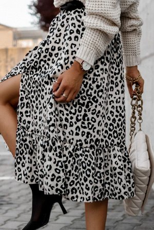 Белая леопардовая юбка миди с разрезом