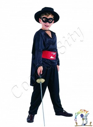 костюм ZORRO,  детский р-р S 110-120 см (рубашка, красный пояс, брюки, плащ, маска)