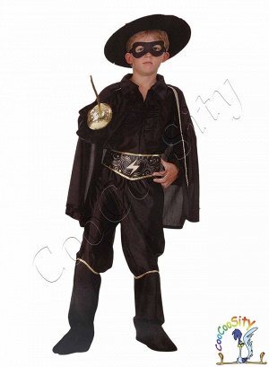 костюм ZORRO  детский р-р S 110-120 см (рубашка, черный пояс, брюки, плащ, маска, сапоги, шляпа)