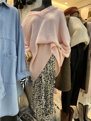 Женский удлиненный вязаный пуловер, цвет светло-розовый