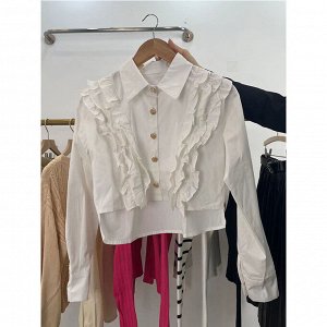 Женская укороченная рубашка с длинными рукавами, с рюшами, цвет белый