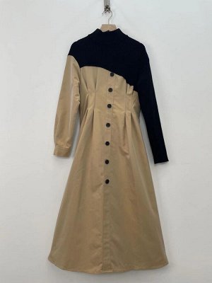 Женское длинное платье с длинными рукавами, сшитое из двух разных видов ткани, цвет бежевый/черный