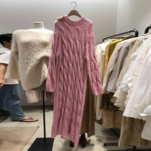Женское длинное вязаное платье с длинными рукавами, цвет розовый