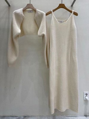 Женский комплект: длинное платье-майка + укороченный кардиган, цвет молочный