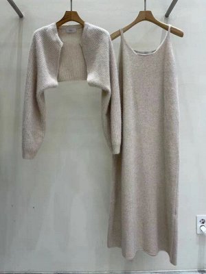 Женский комплект: длинное платье-майка + укороченный кардиган, цвет серый