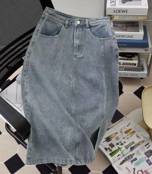 Женская джинсовая юбка средней длины, с карманами, цвет синий