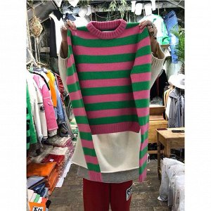 Женский пуловер в полоску, цвет зеленый/розовый