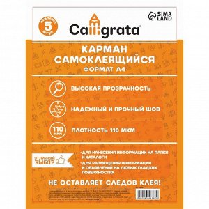 Карман самоклеящийся А4, 223x303 мм, комплект 5 штуки, Calligrata, 110 мкм, на лицевую сторону папок и любые гладкие поверхности