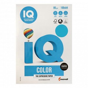 Бумага цветная А4 100 л, IQ COLOR Intensive, 80 г/м2, синий, AB48