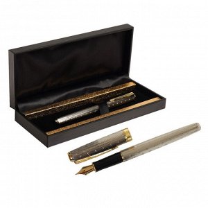 Ручка подарочная перьевая в кожзам футляре ПБ S, корпус серебро с золотом