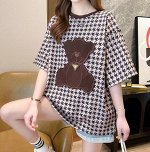 Футболка оверсайз с нашивным рисунком, гусиная лапка коричневый