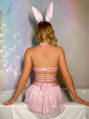 3шт Комплект костюмов с принтом звезды сетчатый с открытой спиной и узлом халтер кролик