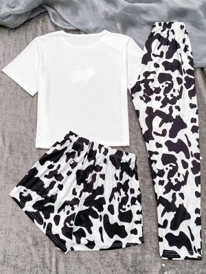 Пижама с шортами и топом и брюками с принтом коровы и буквы