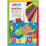Картон цветной A4, ArtSpace, 10л., 10цв., &quot;Волшебный&quot;(золото,серебро), мелов. в папке, &quot;Черепашка&quot;