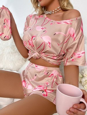 Пижама с принтом фламинго с маской для сна