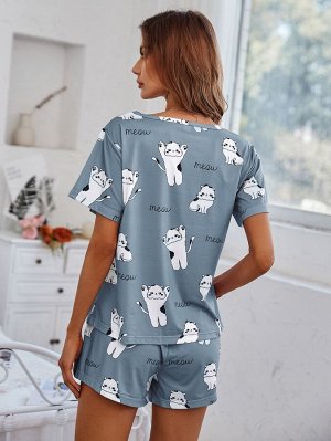 Пижама с топом с мультипликационным и текстовым принтом & шортами с узлом