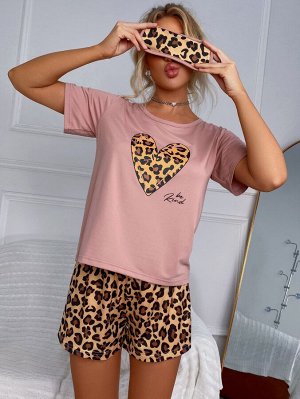3шт Пижама с сердечком & с леопардовым принтом