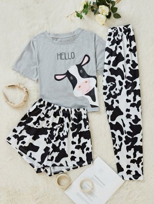 Пижама с футболкой с текстовым и коровьим узором & шортами с коровьим принтом & брюками