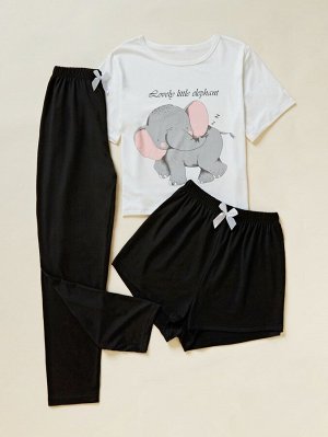 Пижама с футболкой с узором слона & шортами с бантом & брюками